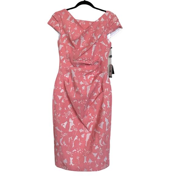 Adrianna Papell Coral Lace Sheath Dress Size 4 Cap Sleeve Cocktail Wedding - Picture 2 of 7